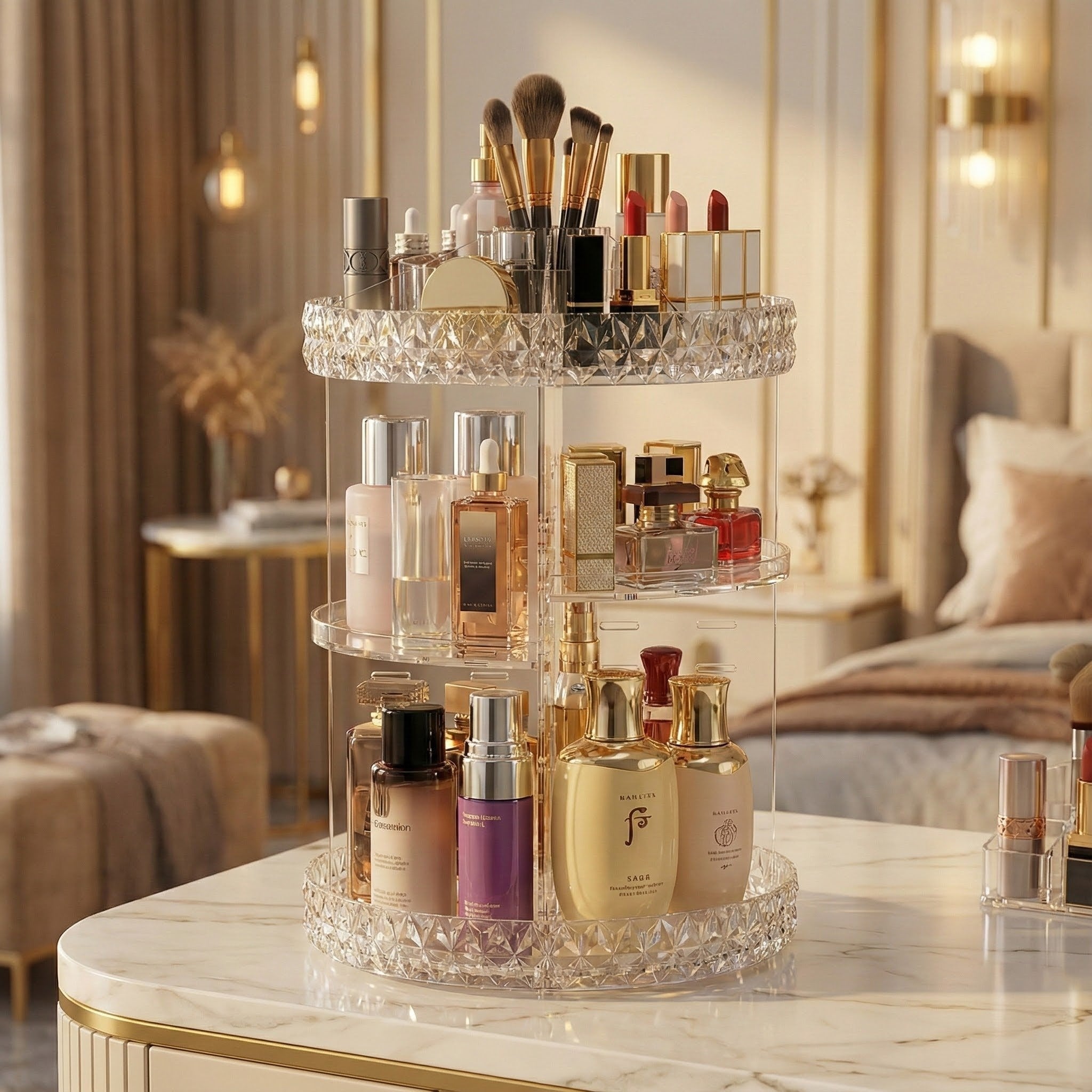 Diamond-Cut 360 Rotating Cosmetic and Makeup Organizer