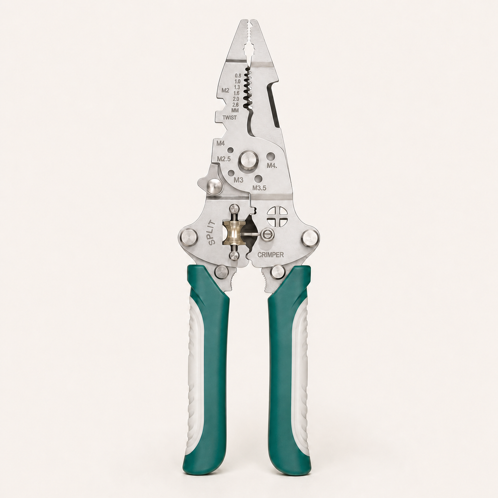 Multifunction stainless steel wire stripping pliers open on a clean ivory background