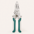 Multifunction stainless steel wire stripping pliers open on a clean ivory background