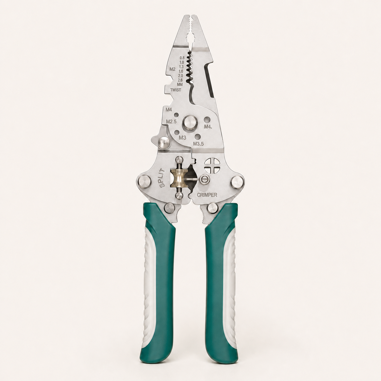 Multifunction stainless steel wire stripping pliers open on a clean ivory background