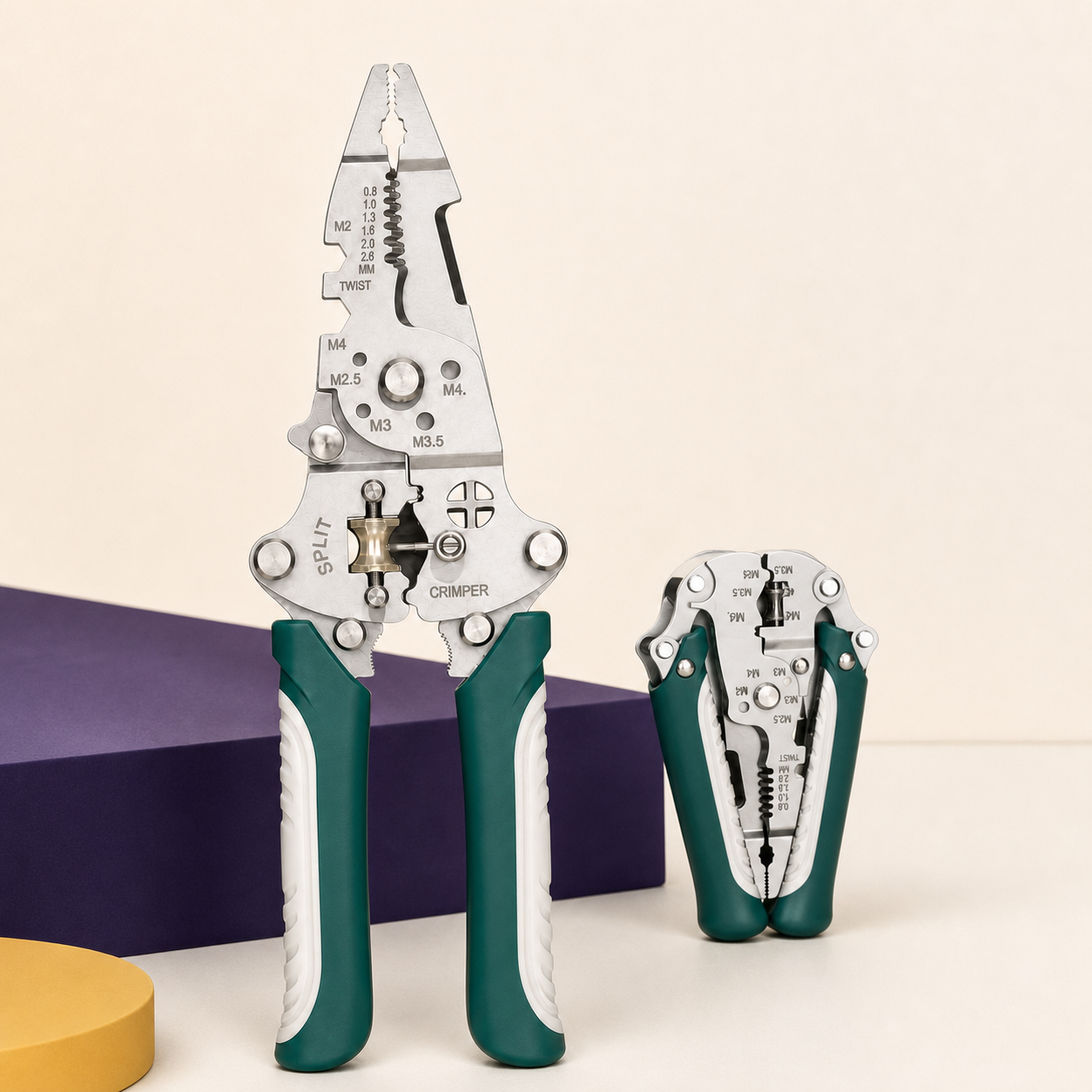 Multifunction wire stripping pliers shown open and folded for compact storage