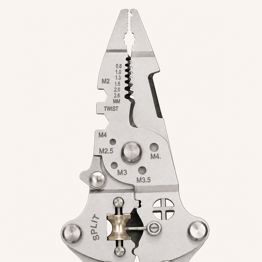 Close view of the wire plier jaws, stripping slots and engraved size markings