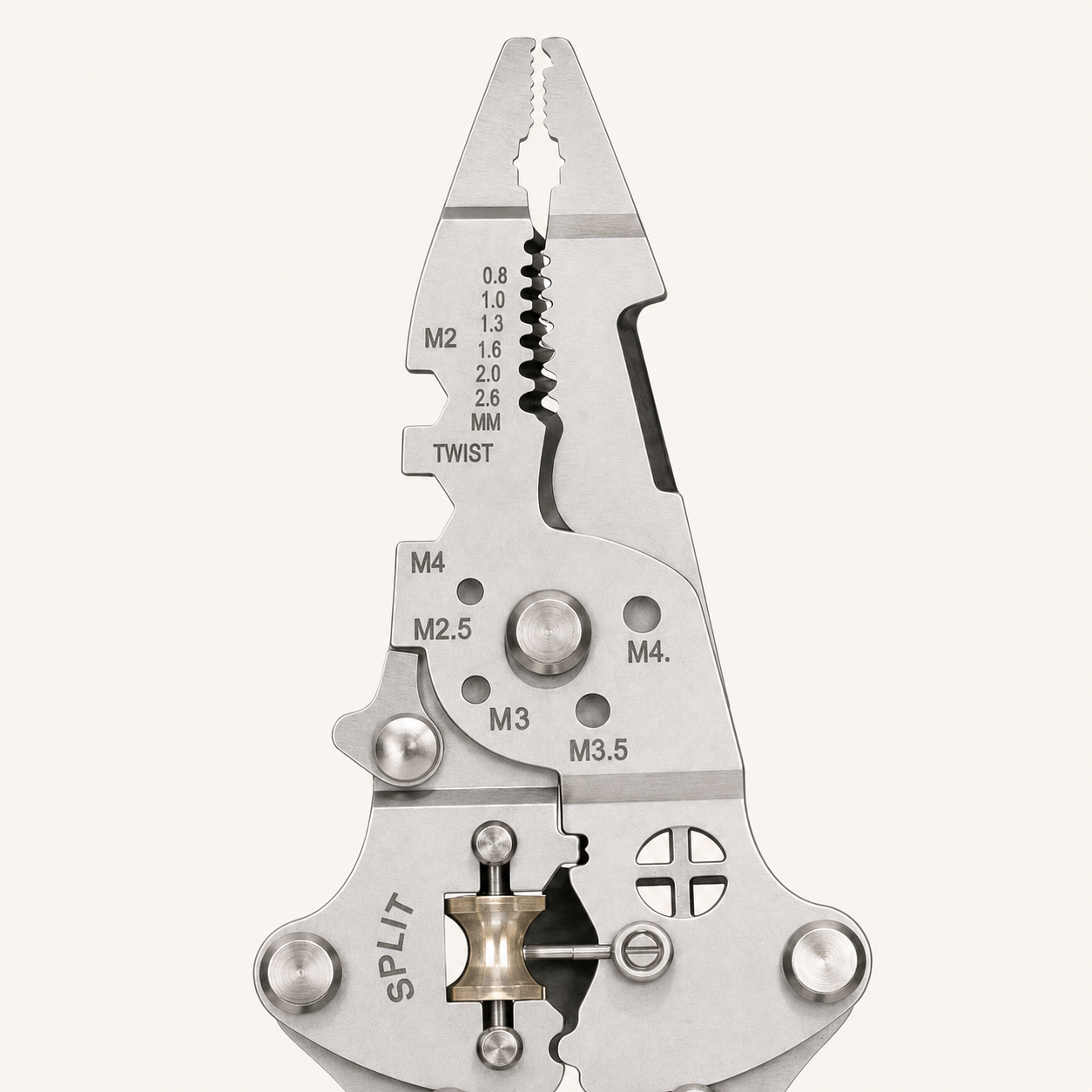 Close view of the wire plier jaws, stripping slots and engraved size markings