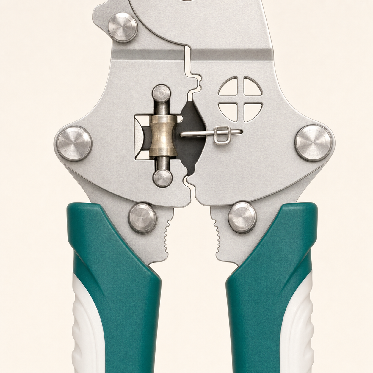 Close view of the wire plier spring, crimping area and folding joints