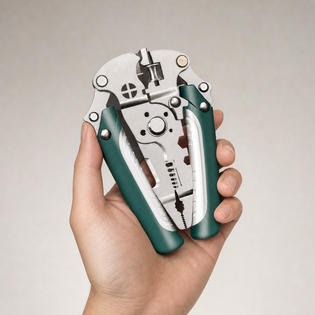 Folded multifunction wire stripping pliers held in one hand to show compact size