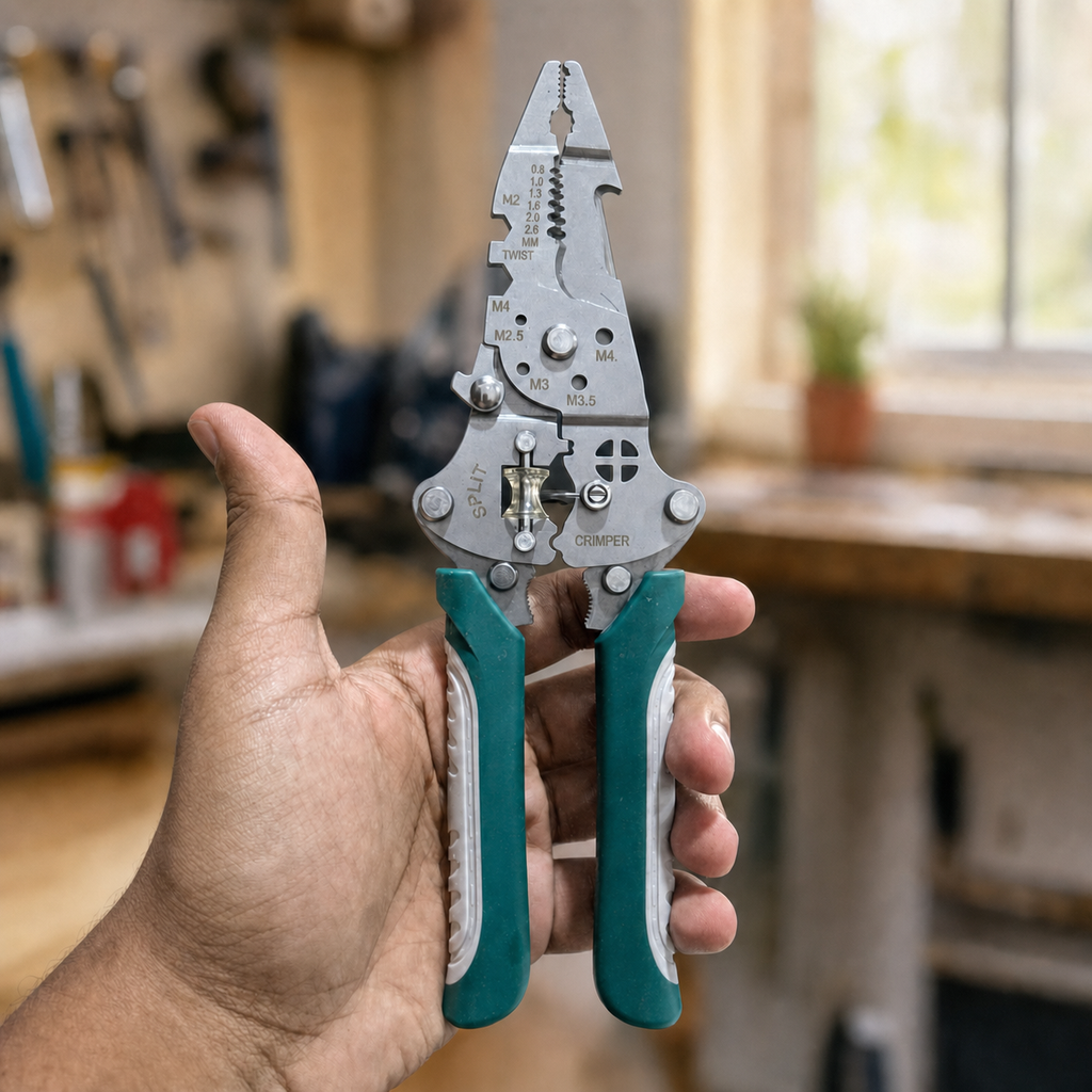ManyGoods stocked multifunction wire stripping pliers held in a real workshop