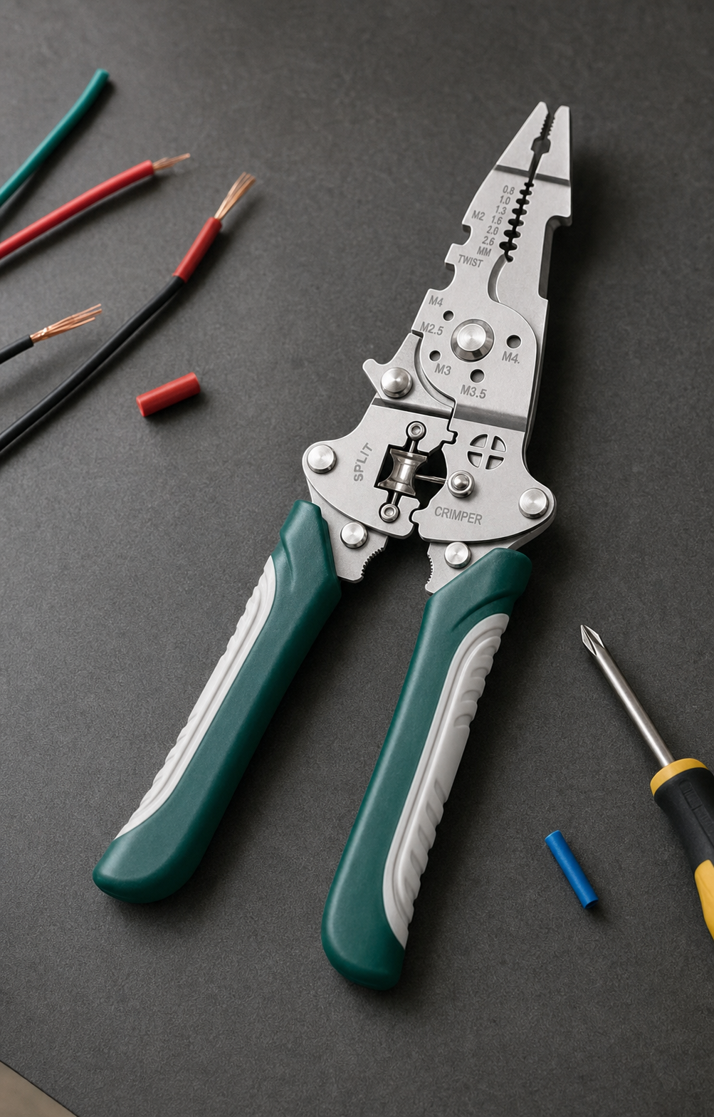 Multifunction wire pliers on a workbench beside disconnected wires and a screwdriver