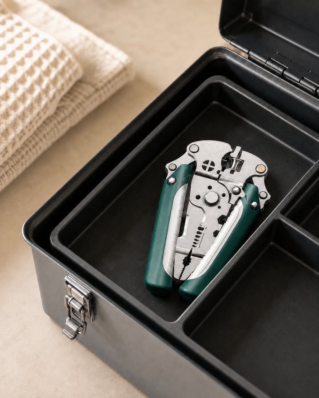 Folded multifunction wire pliers stored neatly inside a compact toolbox