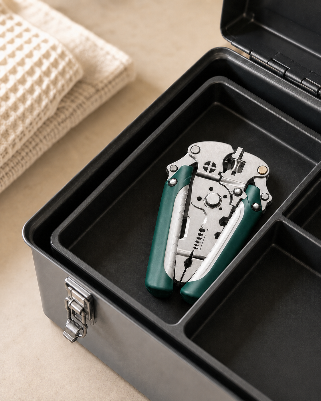 Folded multifunction wire pliers stored neatly inside a compact toolbox