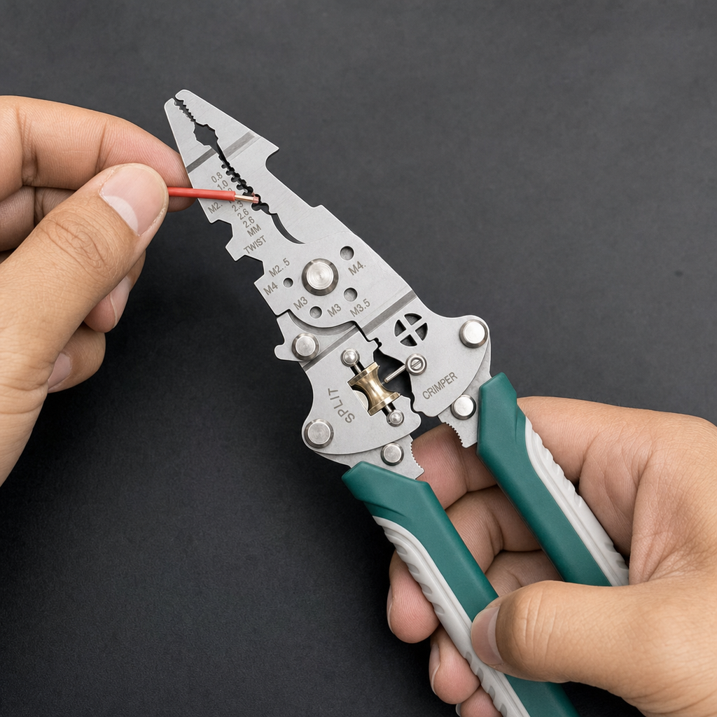 Hands demonstrating the wire stripping pliers on a disconnected red wire